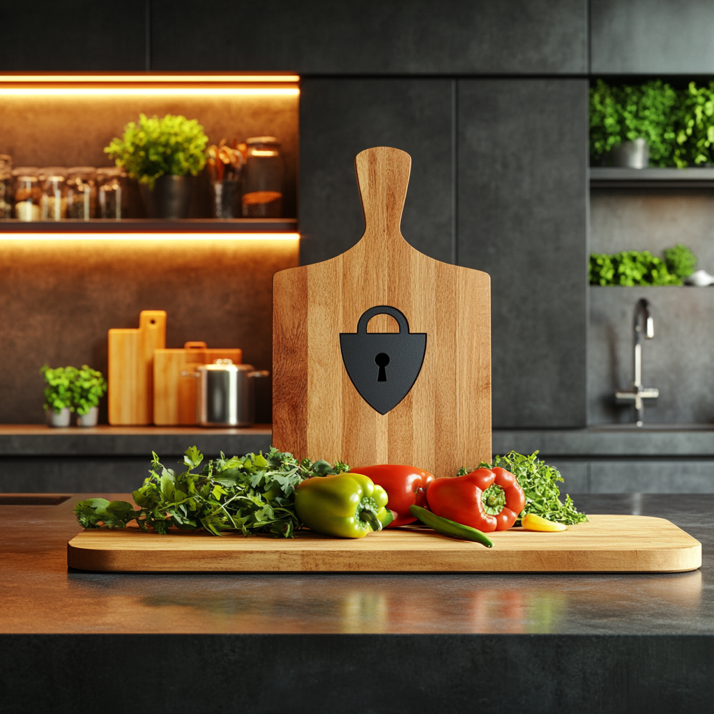 Kitchen counter with ingredients shaped into a lock symbol, combining security with culinary creativity.