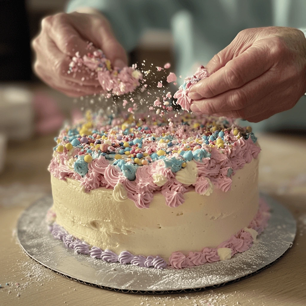Hands sprinkling pastel decorations on a gender reveal cake.